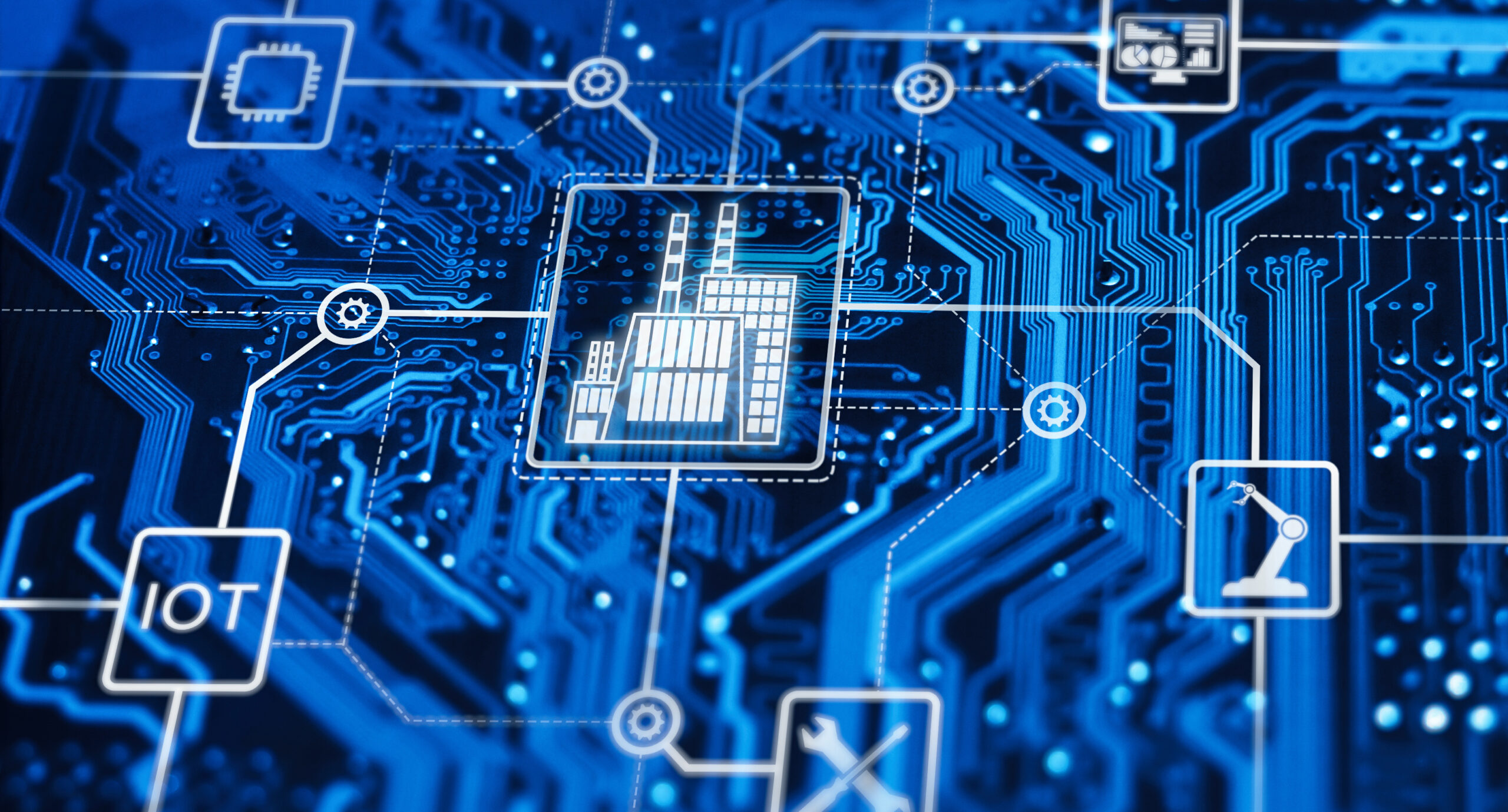 Industry 4.0. Fourth industrial revolution. Digitalization and automation of modern business process and using robots, online technology, Internet of thing etc.