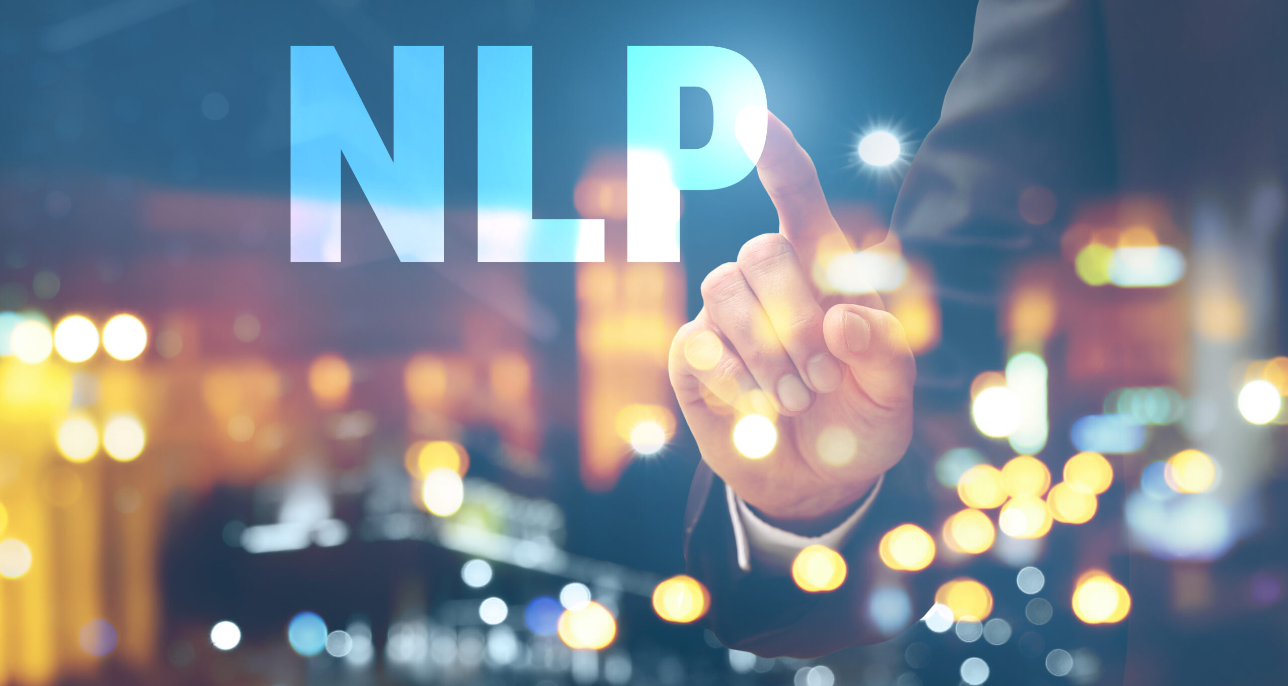 Double exposure of young businessman touching word NLP on virtua