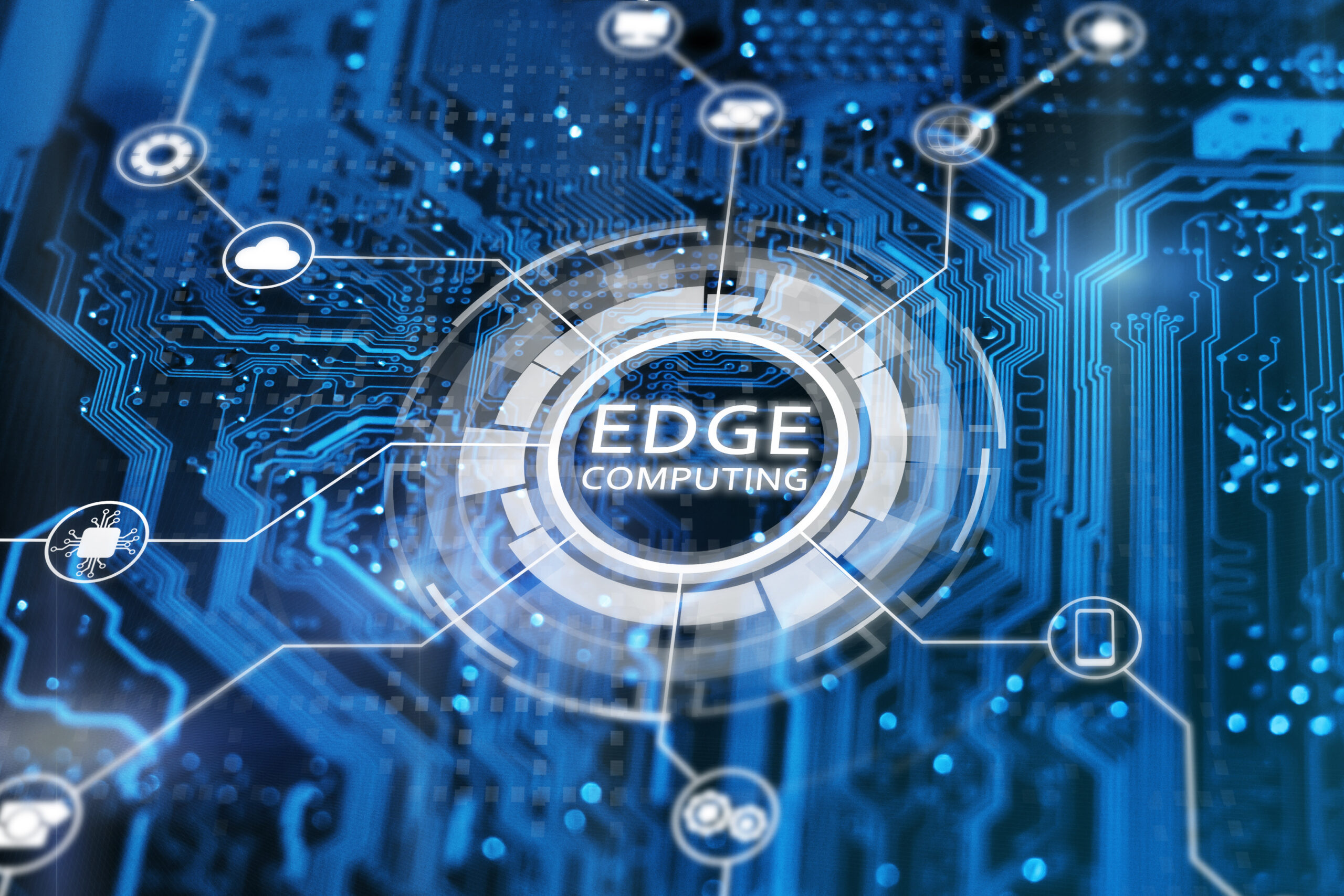 Edge computing technology concept. Blue integrated circuit with icons. Futuristic tech of data processing.