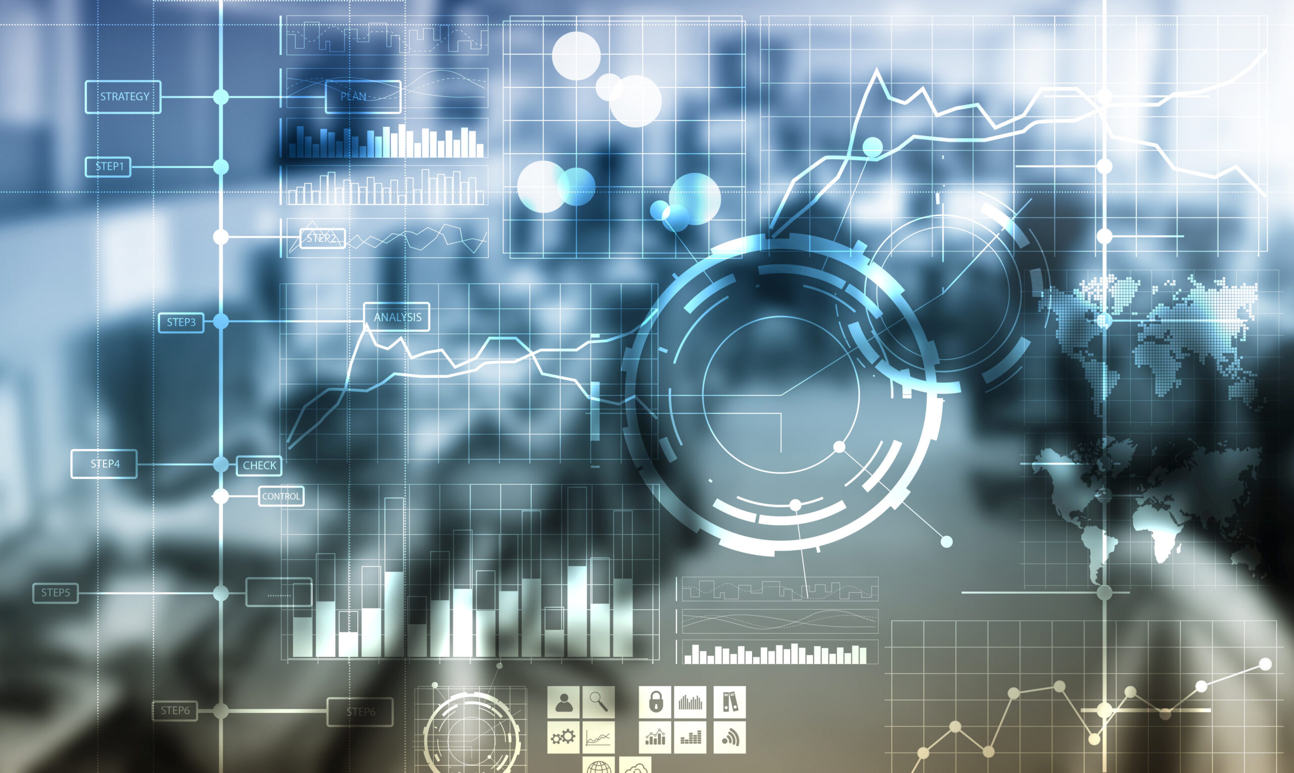 Business intelligence BI Key performance indicator KPI Analysis dashboard transparent blurred background.
